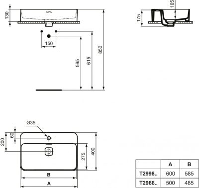 Lavabo IDEAL STANDARD STRADA II 60×40 nadgradni zaobljene ivice