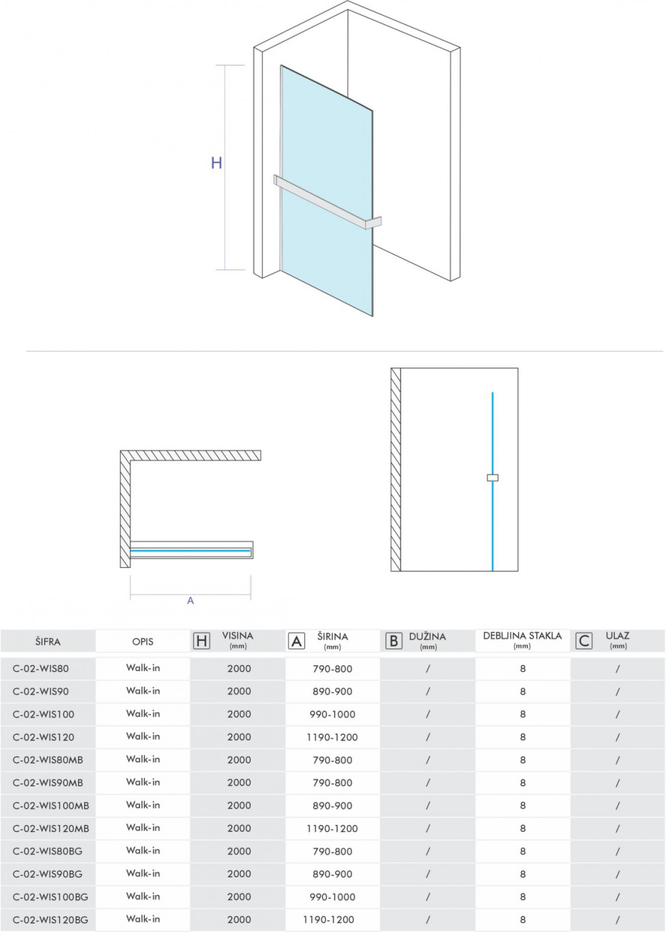 Walk-in COPEN MONTE SUPERIORE 1000x2000. 8mm staklo. polica i držač brušeno zlato - Slika 2