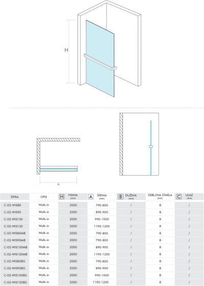Walk-in COPEN MONTE SUPERIORE 900×2000. 8mm staklo. polica i držač mat crni