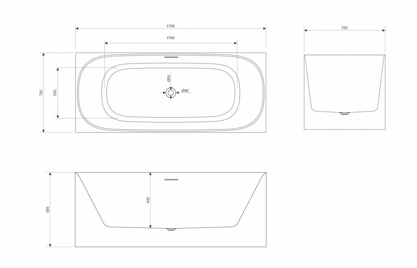 Kada samostojeća COPEN INGRID 1700x750x585mm mat crna/mat bela - Slika 2