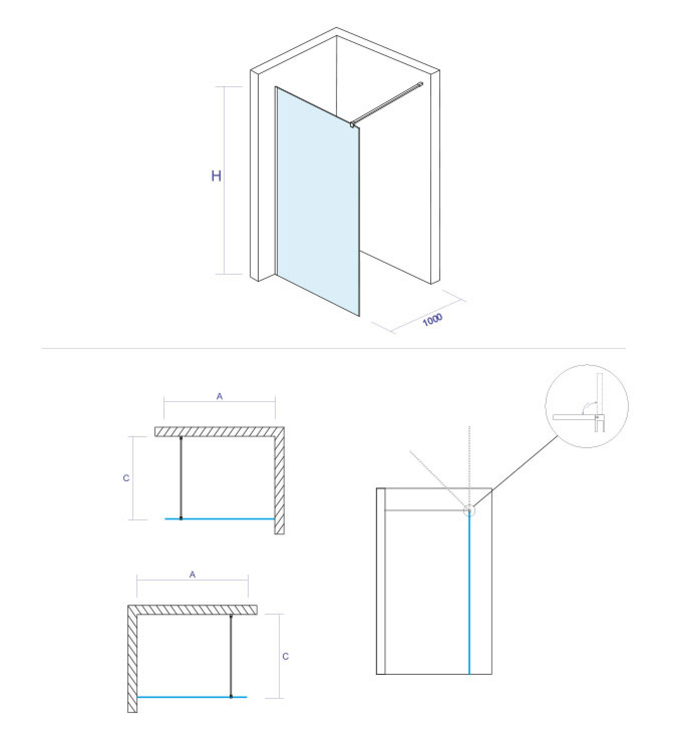Walk-in COPEN MONTE 1000x2000 8mm staklo. mat crni - Slika 4