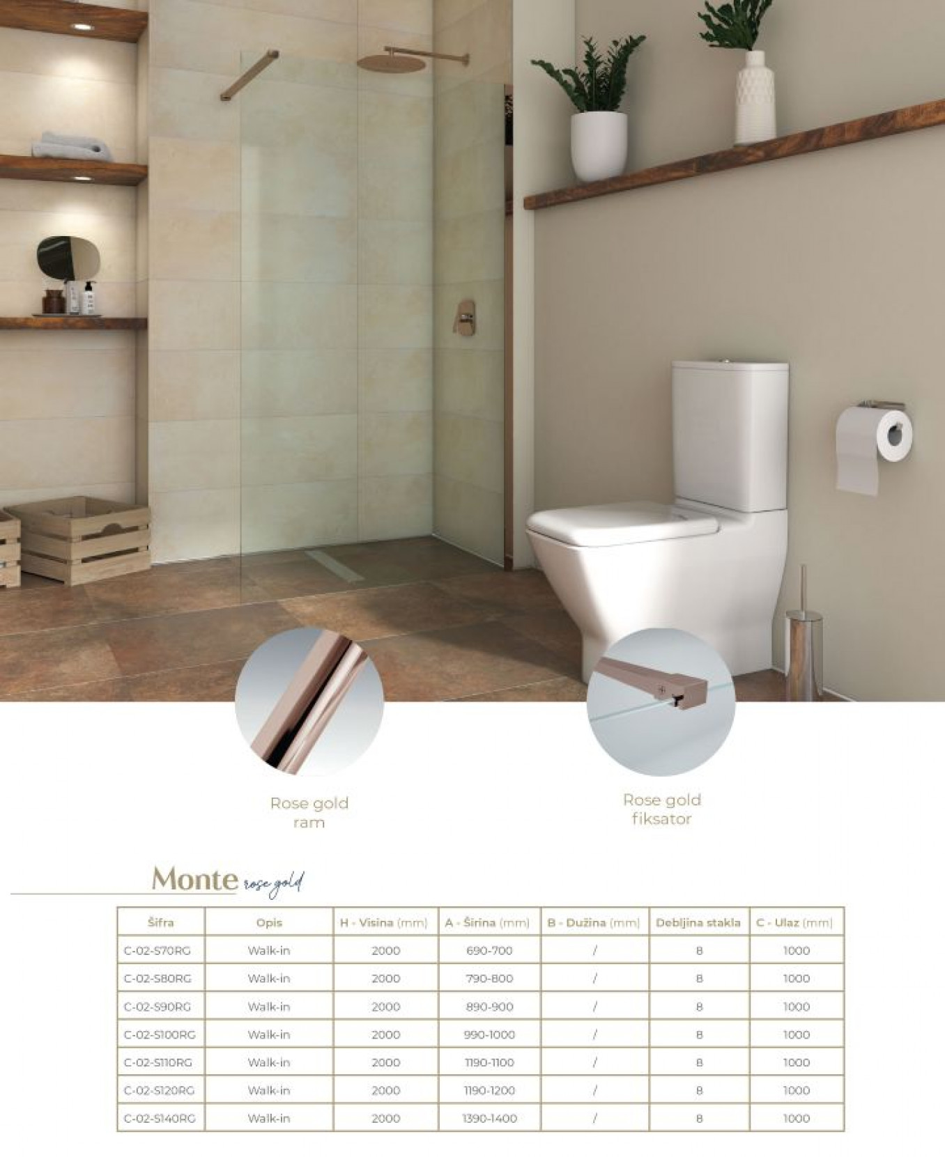 Walk-in COPEN MONTE 1200x2000 8mm staklo. rose gold - Slika 2