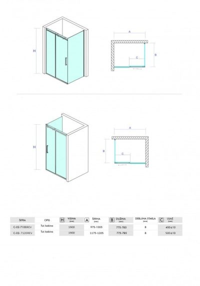Tuš kabina COPEN NEPTUN 1000×800 staklo 8mm providno reverzibilna