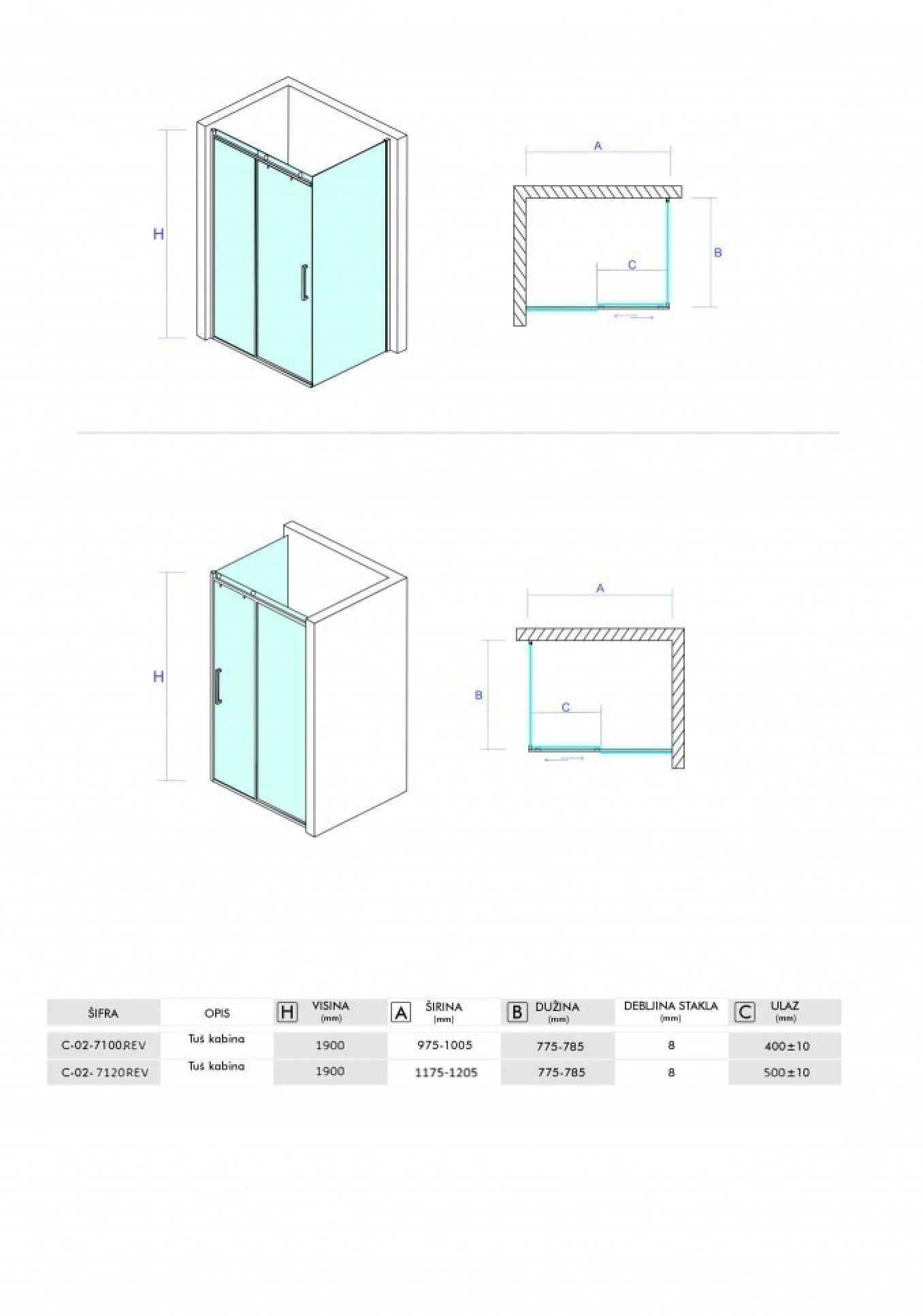 Tuš kabina COPEN NEPTUN 1200x800 staklo 8mm providno reverzibilna - Slika 2
