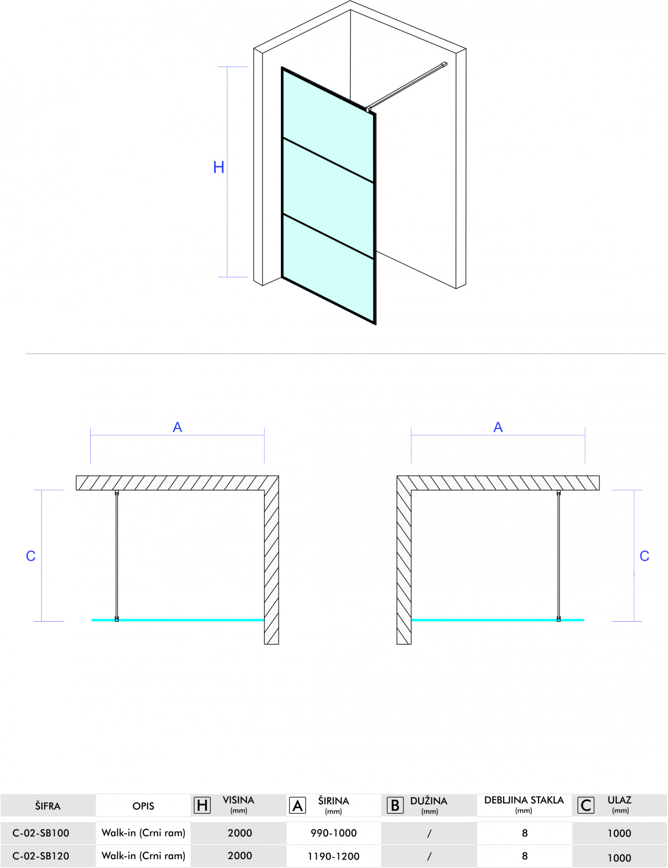 Walk-in COPEN MONTE 120x200cm crni mat ram 8mm staklo - Slika 5