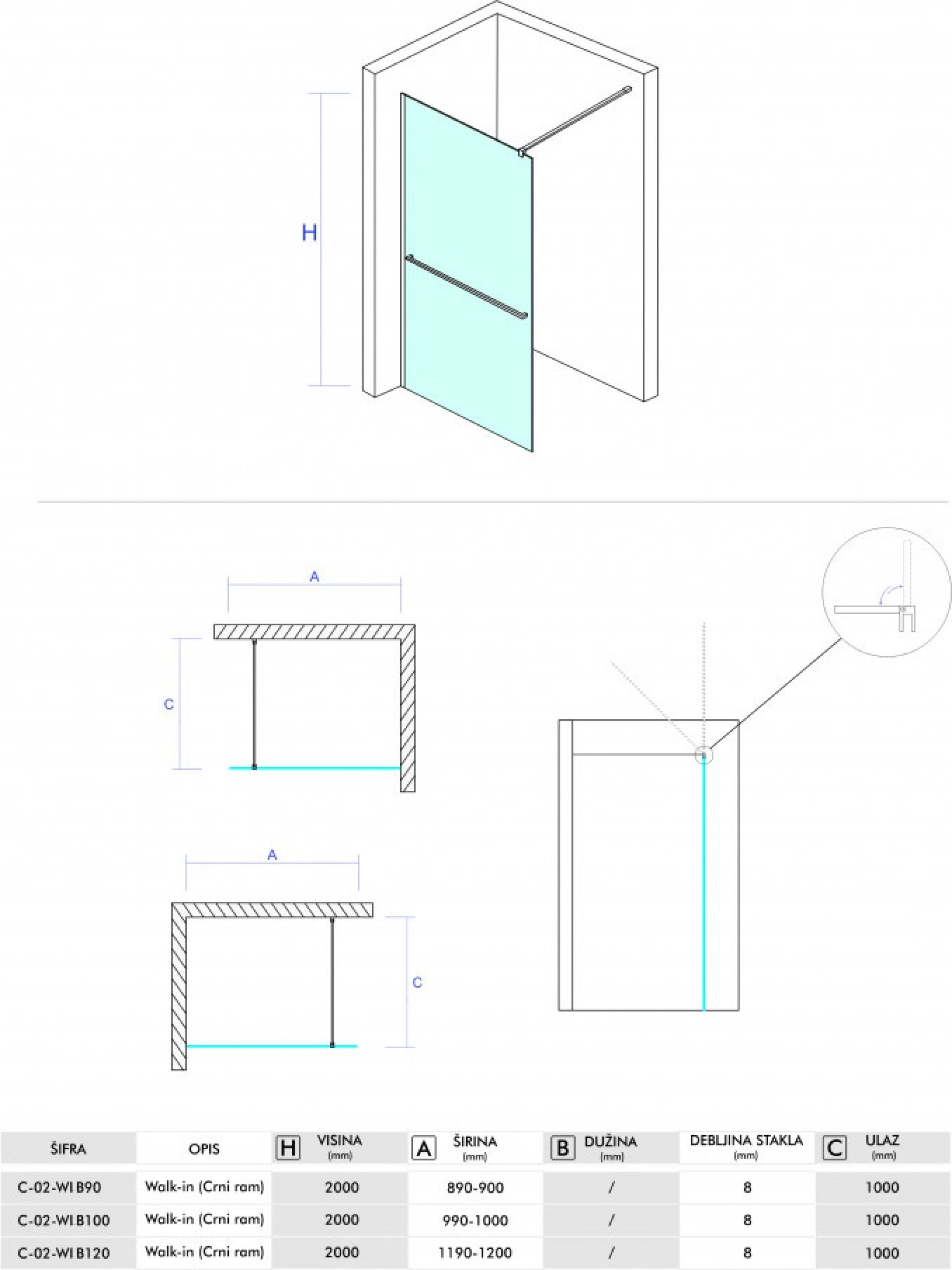 Walk-in COPEN MONTE PLUS 100x200cm crni mat ram 8mm staklo i držač peškira - Slika 5
