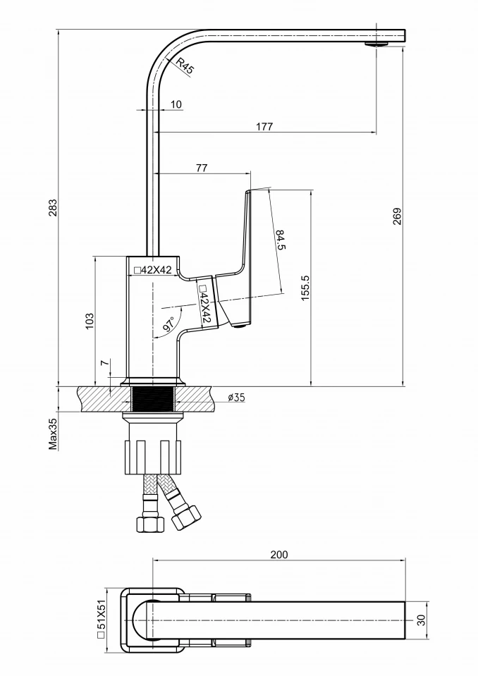 Baterija za sudoperu MINOTTI QUADRA NEW sa 3 cevi mat crna - Slika 2