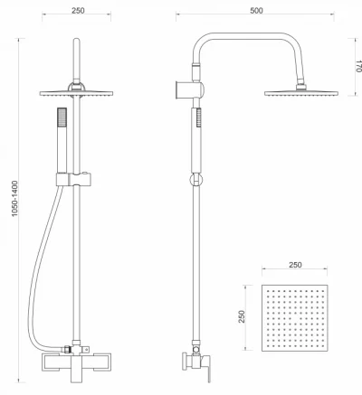 Baterija za tuš MINOTTI QUADRA NEW sa komplet usponskim tušem ruža 250×250