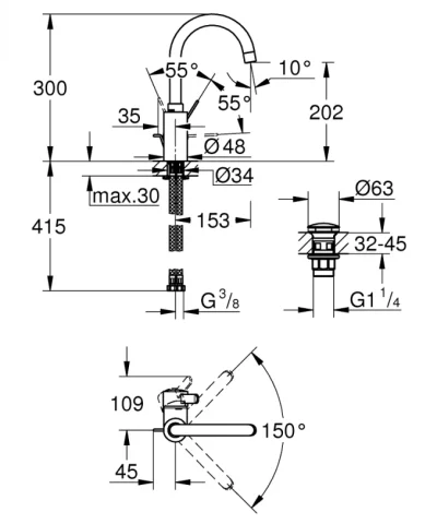 Baterija za lavabo GROHE EUROSMART COSMOPOLITAN L “click“