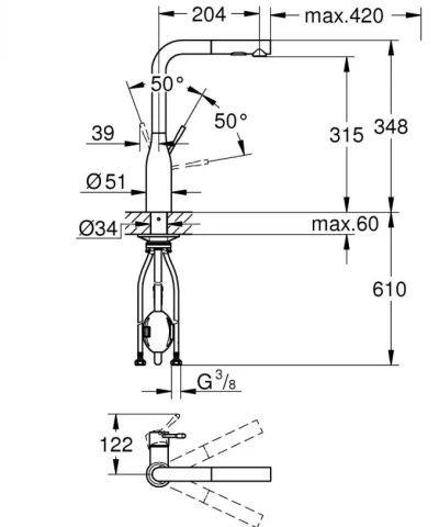 Baterija za sudoperu GROHE ESSENCE L sa izvlačećim tušem 2F phantom black