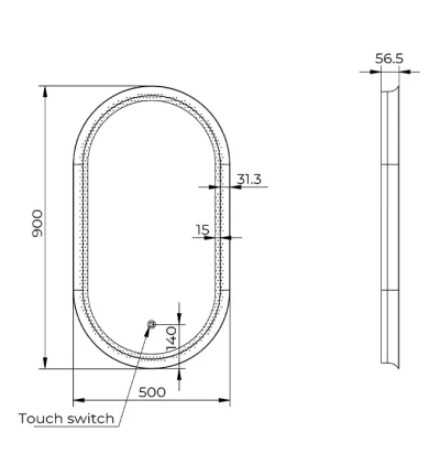 Ogledalo COPEN 500×900 sa alu ramom 56.5mm LED gunmetal
