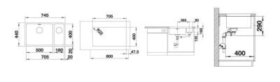 Inox sudopera BLANCO ANDANO 500/180 U 74,5×44
